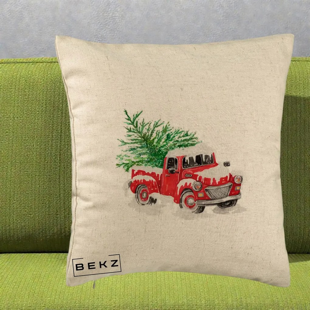 Perna Decorativa Camioneta Rosie Brad de Craciun, 40x40 cm, Bej, Husa Detasabila, Perna Inclusa, BEKZ®