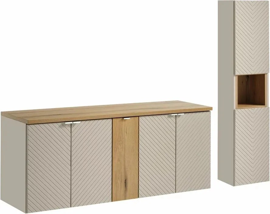 Set mobilier baie 140 cm 5 piese Comad Viva stejar Coast Evoke si bej cașmir mat