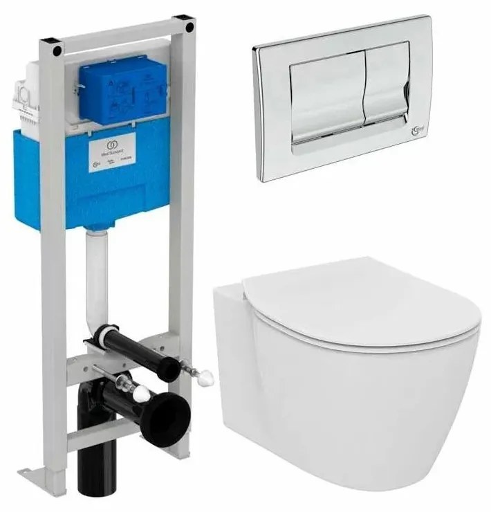 Set vas wc suspendat Ideal Standard Connect Air AquaBlade cu capac soft close, rezervor incastrat si clapeta crom