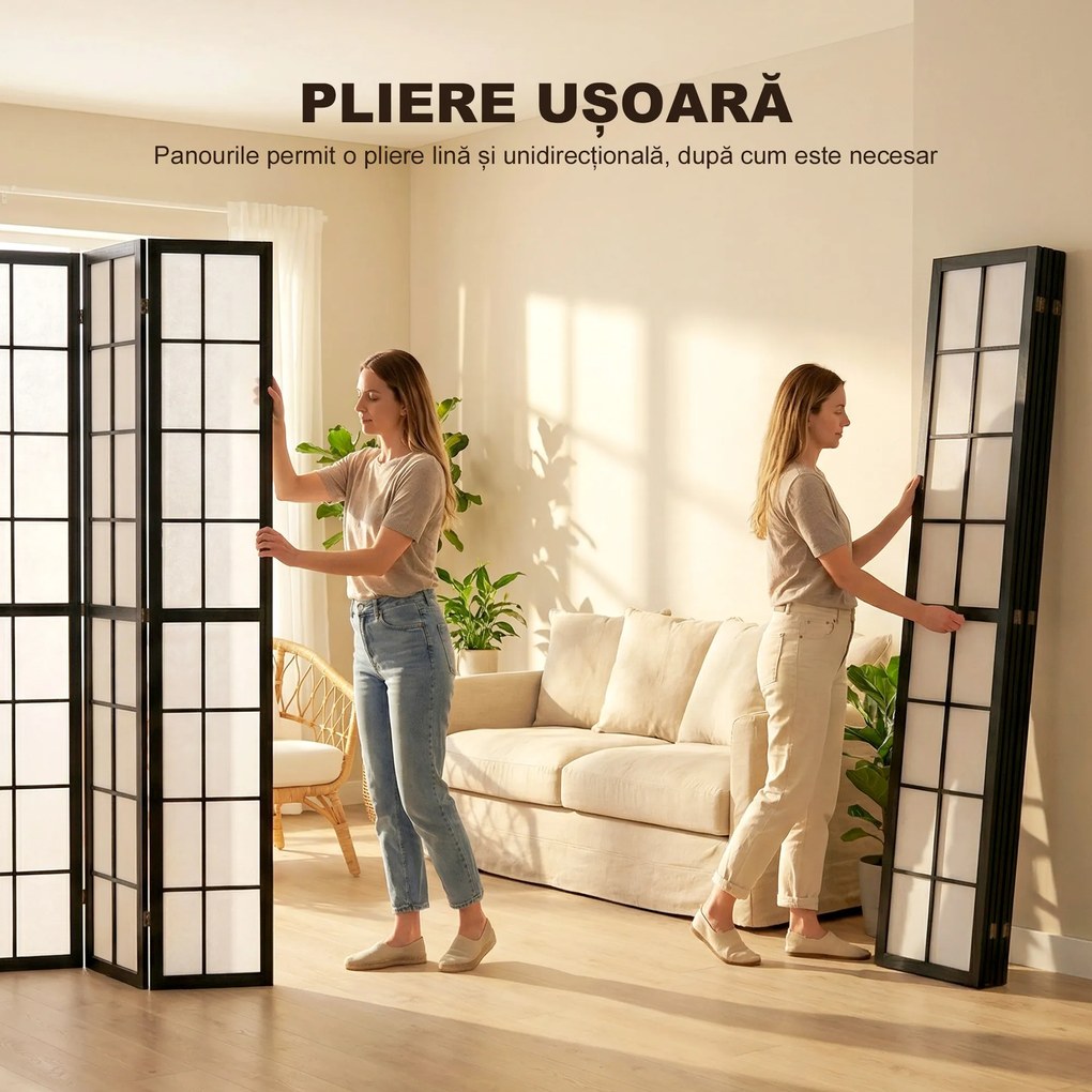 HOMCOM Paravan de Interior Pliabil cu 4 Panouri din Lemn și Material Nețesut, 160x170 cm, Negru și Alb | Aosom Romania