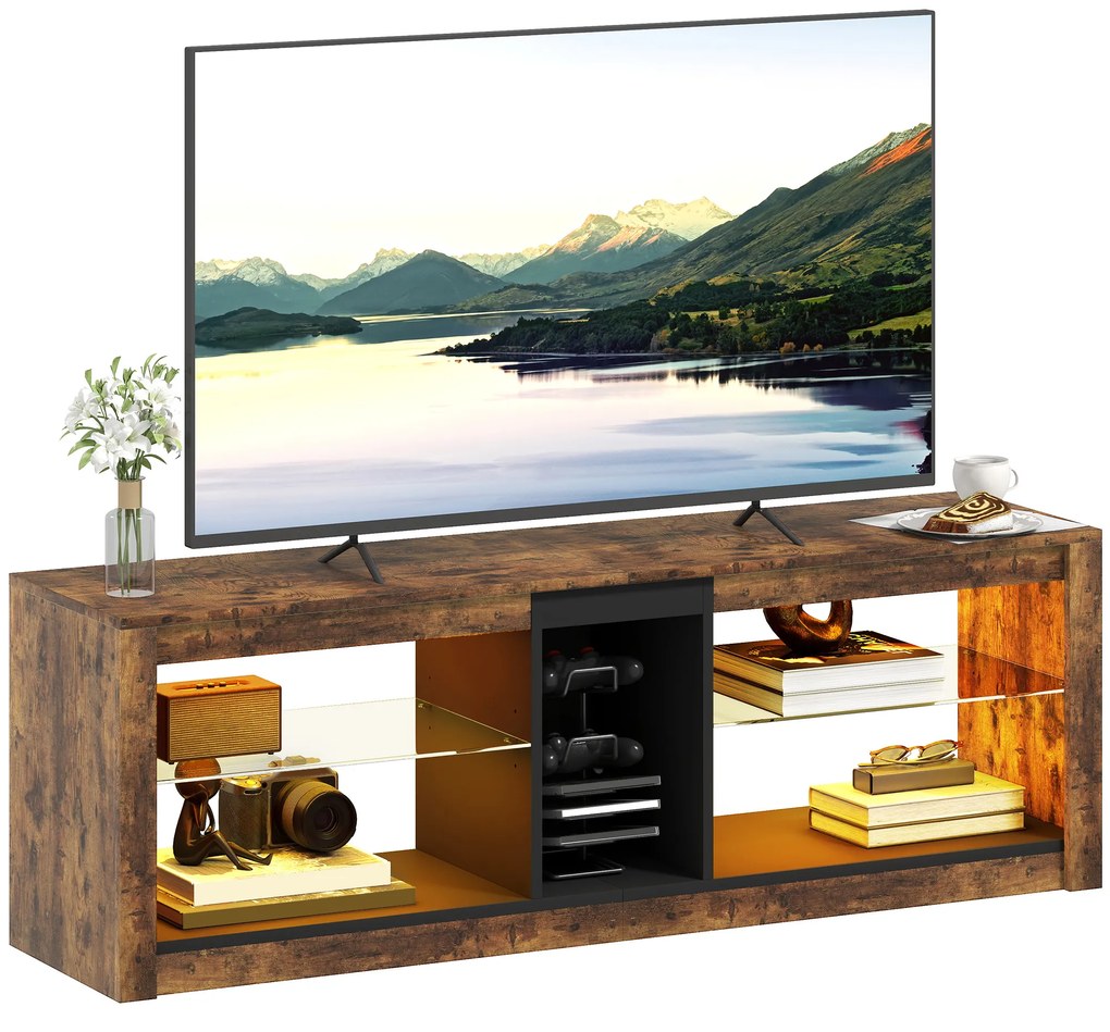 HOMCOM Mobilier TV cu lumină LED și telecomandă, rafturi și compartimente deschise, 140x35x47cm, maro | Aosom Romania