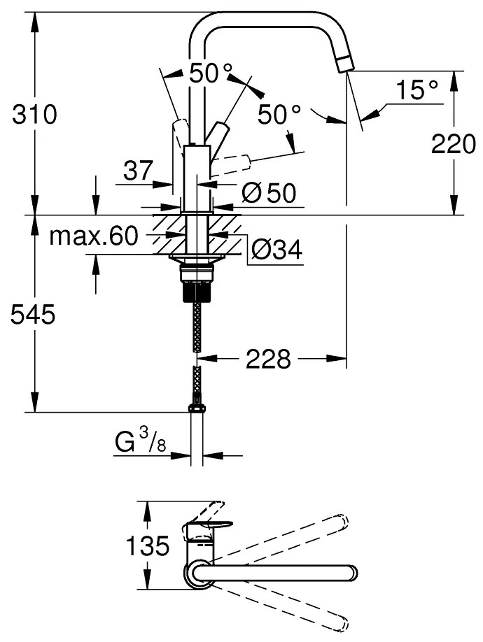 Baterie de bucatarie Grohe Start , pipa inalta, tip U, pivotanta,crom-30470000