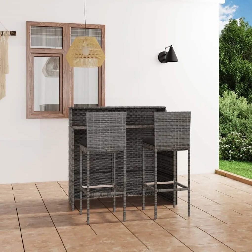 Set mobilier de bar de gradina cu perne, 3 piese, gri