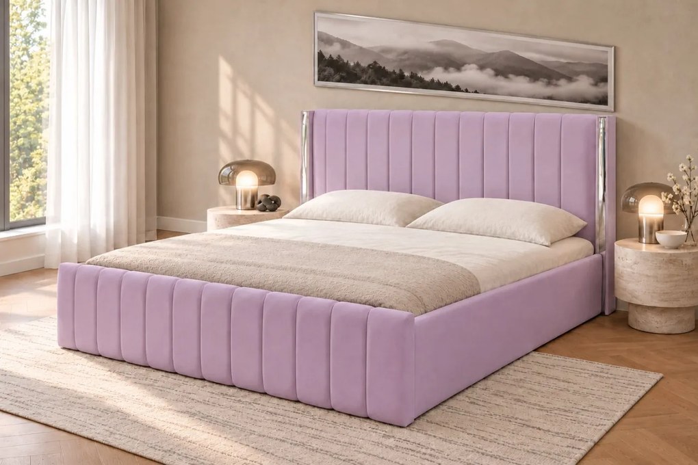 Pat tapițat din catifea Aurelia 200×200 cm, lila, detalii argintii, cu ladă de depozitare