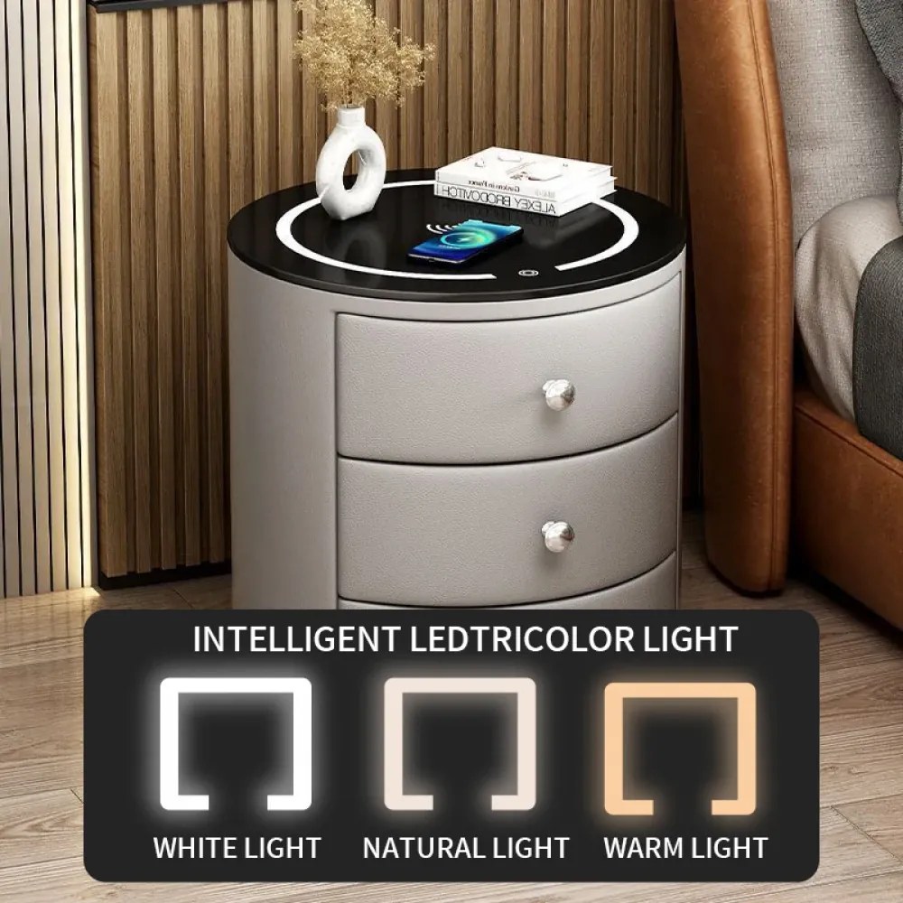 Noptieră inteligentă multifuncțională rotundă, 3 sertare, iluminare LED-uri Touch, încărcare fără fir, încărcare USB, difuzor Bluetooth, sticlă securizată, Alb