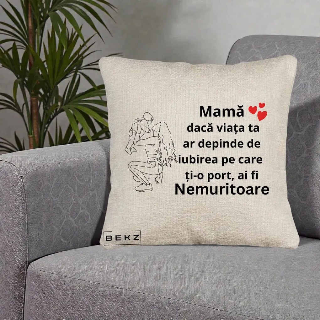 Cadou pentru Mama - Perna Personalizata Mama Nemuritoare Portret Graphic, 40x40 cm, Bej Canapea, Husa Detasabila, Perna Inclusa, BEKZ®