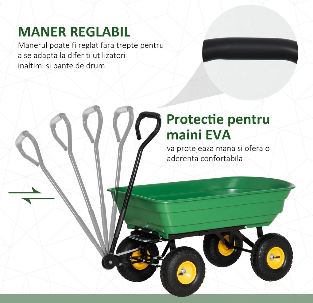 Cărucior de grădină 75L din oțel și PP cu cuvă rabatabilă și mâner de transport, 109x52x94 cm, de culoare verde închis Outsunny | Aosom Romania