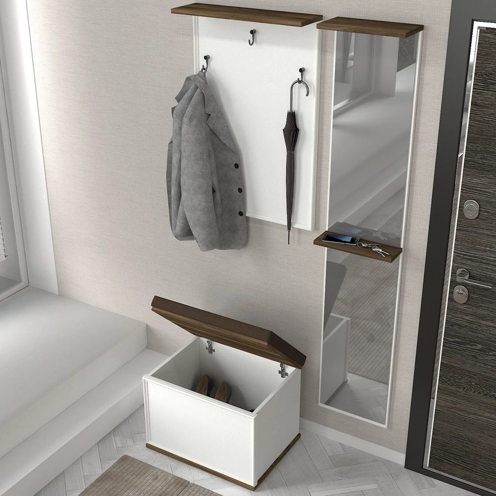 Set Cuier cu Oglinda si Taburet, Metro Lounge, UnicUtil, 95 x 45 x 228.8 cm, Alb-Maro, UUORG27