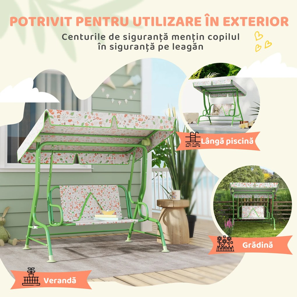AIYAPLAY Leagăn pentru Copii cu Copertină Reglabilă și Centură de Siguranță, 120x112x75 cm, Verde | Aosom Romania