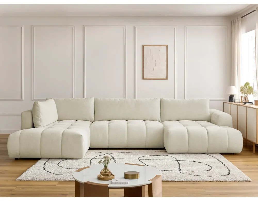 Colțar bej extensibil/cu spațiu de depozitare (cu colț pe partea stângă/în formă de "U") Fuji – Bobochic Paris