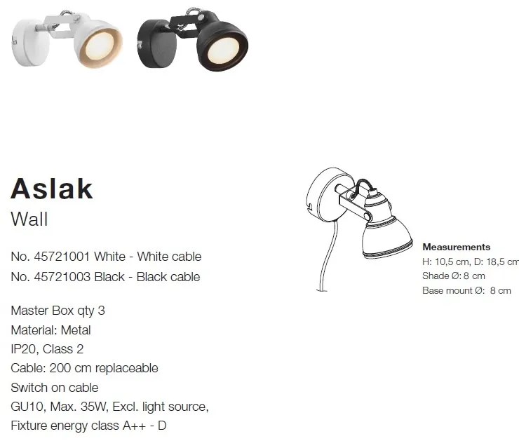 Aplica, Spot directionabil Aslak, negru 45721003 NL