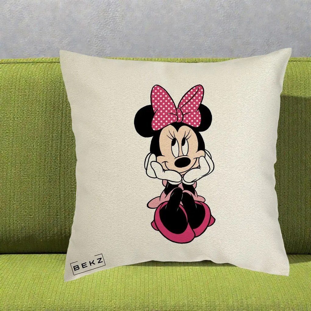 Perna Personalizata Minnie Mouse cu Fundita, 40x40 cm, Ecru, Husa Detasabila, Perna Inclusa, BEKZ®