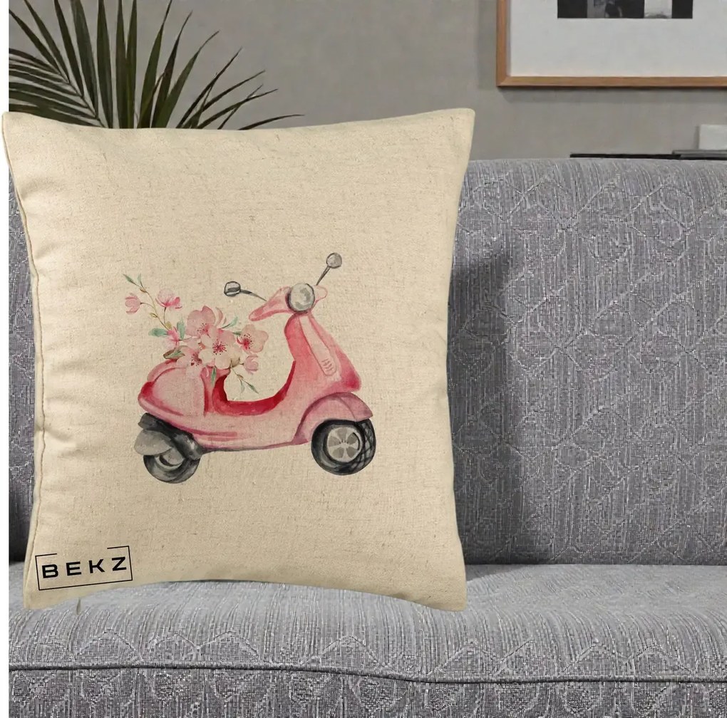 Perna Decorativa Scuter Roz cu Flori Acuarela, 40x40 cm, Bej, Husa Detasabila, Perna Inclusa, BEKZ®