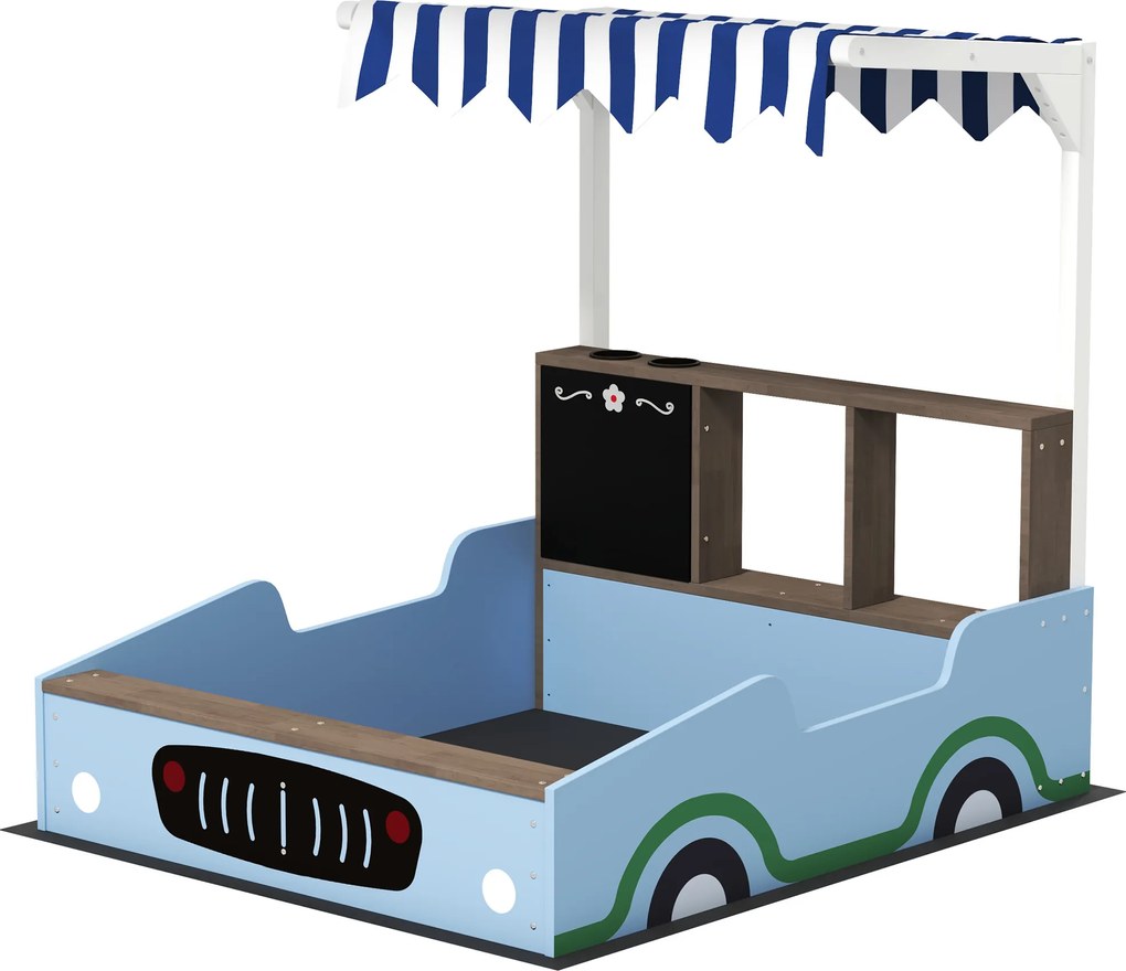 AIYAPLAY Ladă de nisip cu copertină, design magazin alimentar, bancă, tablă de scris, lemn de brad, 104H x 108L x 90B cm, Albastru | Aosom Romania