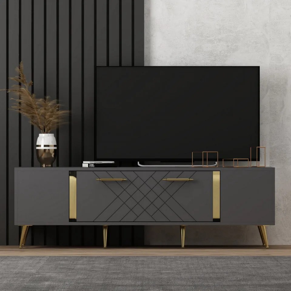 Comoda TV Detas, Antracit / Auriu