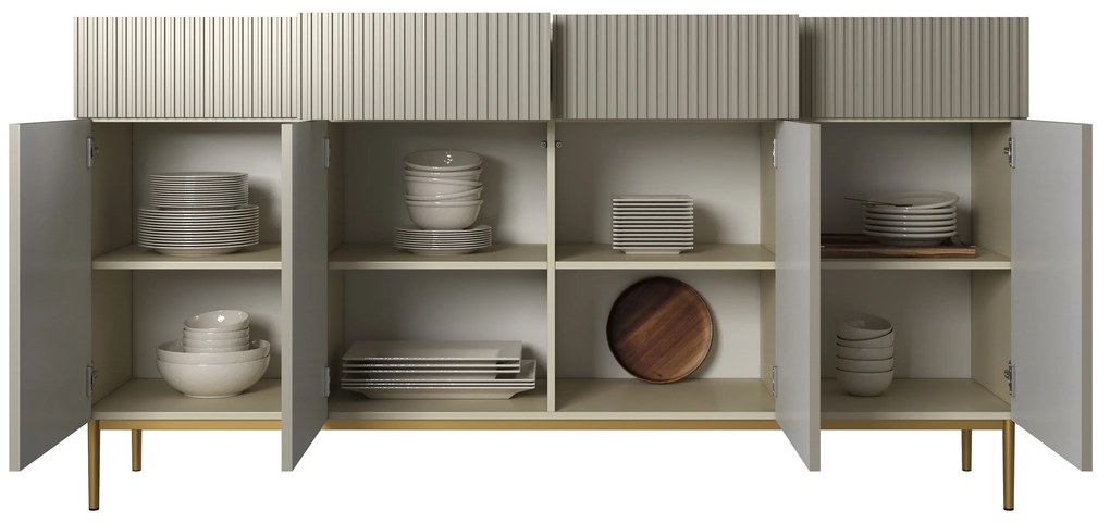 Comodă cu patru uși Nicole 200 cm cu sertare, fronturi riflate - casmir / picioare aurii