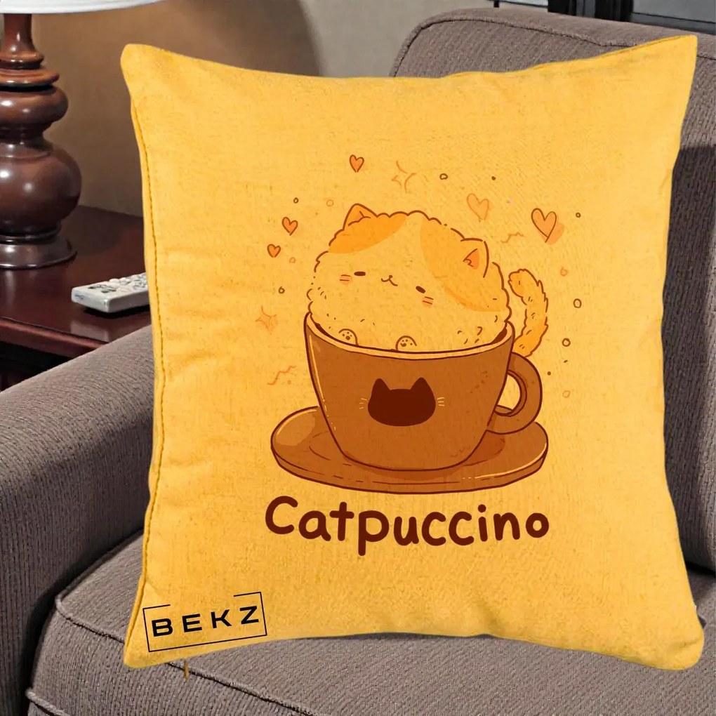 Perna Decorativa Catpuccino Pisica Cappuccino, 40x40 cm, Galben, Husa Detasabila, Perna Inclusa, BEKZ®