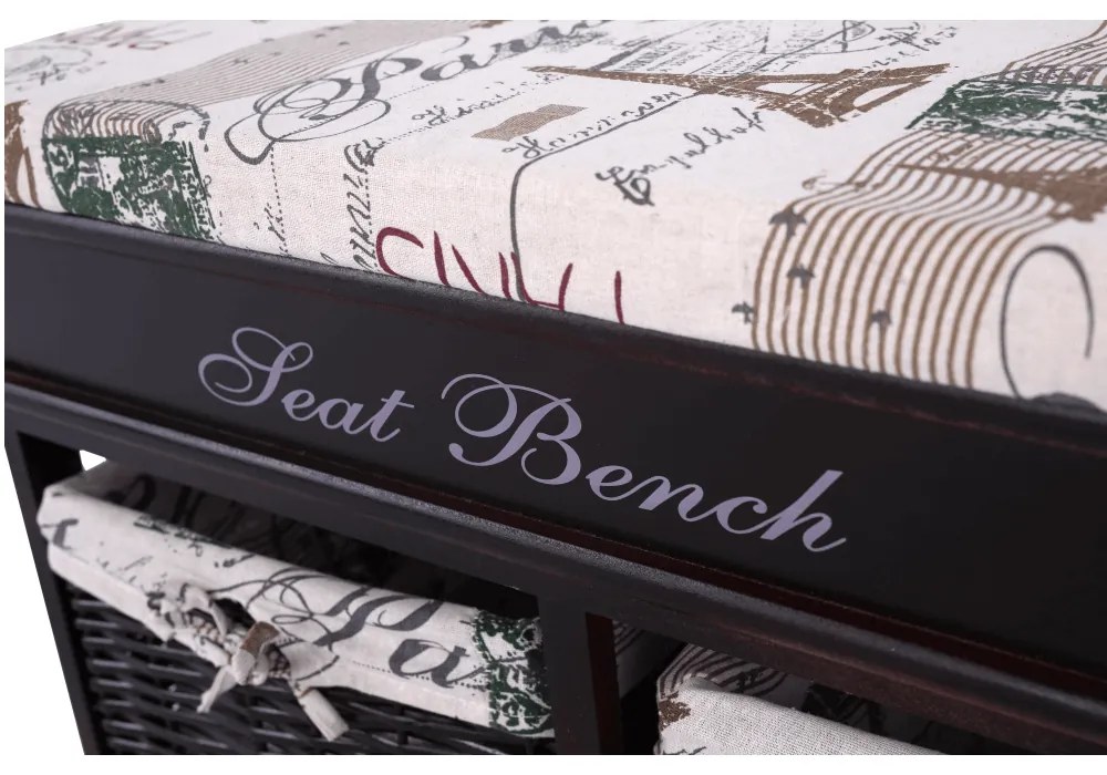 Bancă cu pernă, 2 coşuri de răchită, maro închis/bej/imprimeu, SEAT BENCH 3