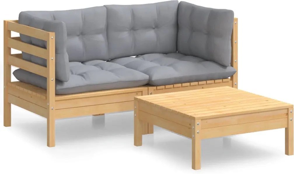 vidaXL Set mobilier de grădină cu perne gri, 3 piese, lemn masiv pin