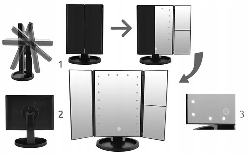 Oglindă LED reglabilă, rotativă, rabatabilă, negru