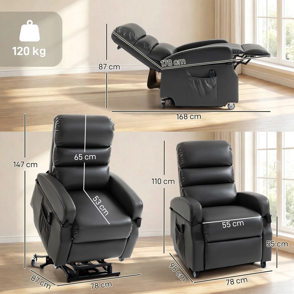 HOMCOM Fotoliu TV cu funcție de ridicare Fotoliu relax electric cu telecomandă, suport pentru picioare, funcție de reclinare, gri închis | Aosom Romania