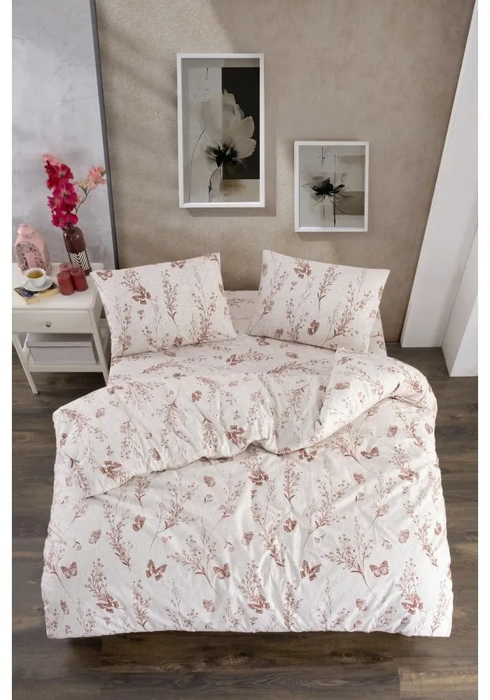 Lenjerie de pat bej pentru pat dublu, extinsă cu cearceaf inclus, cu 4 piese 200x220 cm Floral Butterfly – Mila Home