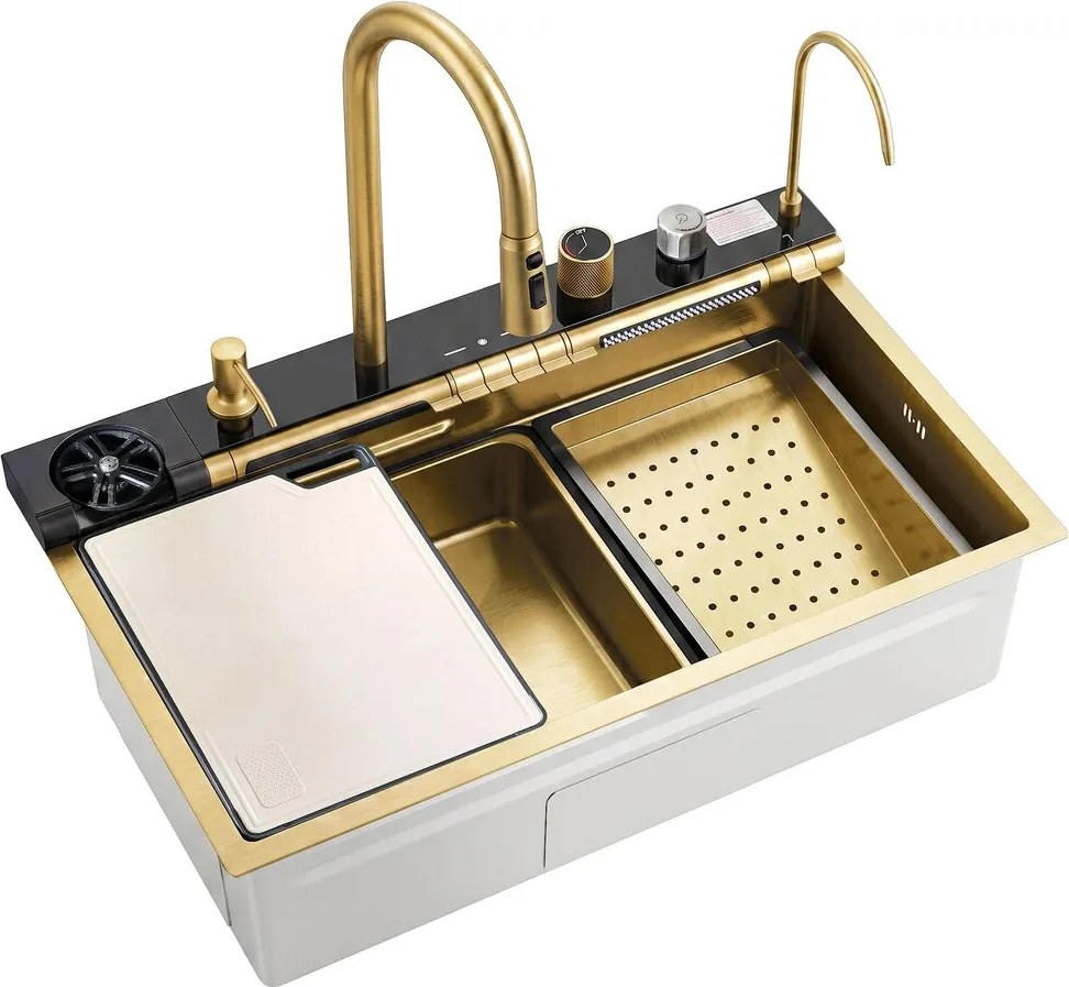 Statie de lucru multifunctionala Rea Alonzo inox finisaj auriu periat 75x46 cm cu sistem filtrare apa
