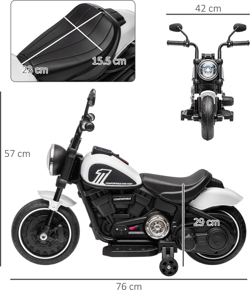 HOMCOM Motocicletă Electrică pentru Copii 18-36 Luni cu Roți Ajutătoare și Far, 76x42x57 cm, Alb și Negru | Aosom Romania