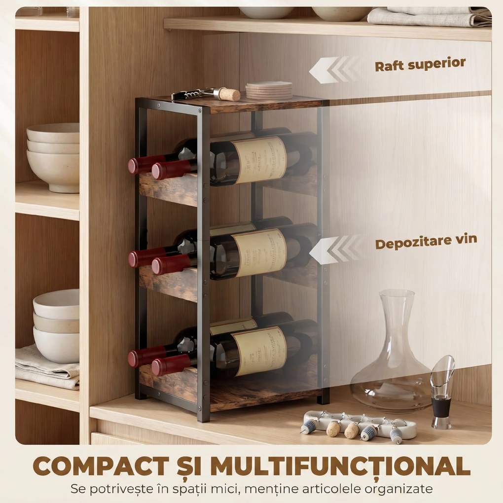 HOMCOM Suport Vin, Rafturi Ondulate, Picioare Reglabile, Maro Rustic, Negru | Aosom Romania