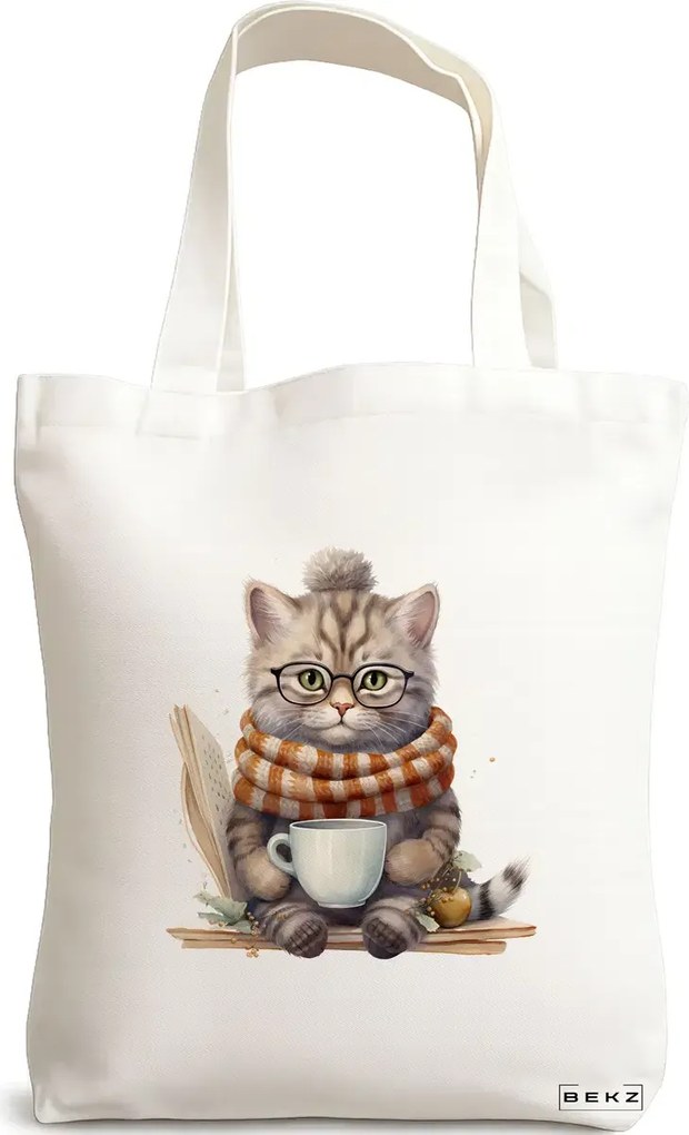 Sacosa de Panza pentru Cumparaturi, Geanta Tote, model Reading puppy 7 38 x 34.5 cm, Alba, BEKZ®