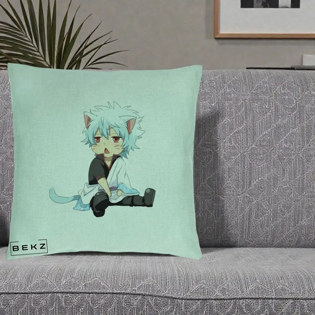 Perna Personalizata Gintama Gintoki Chibi Pisica, 40x40 cm, Verde Menta, Husa Detasabila, Perna Inclusa, BEKZ®