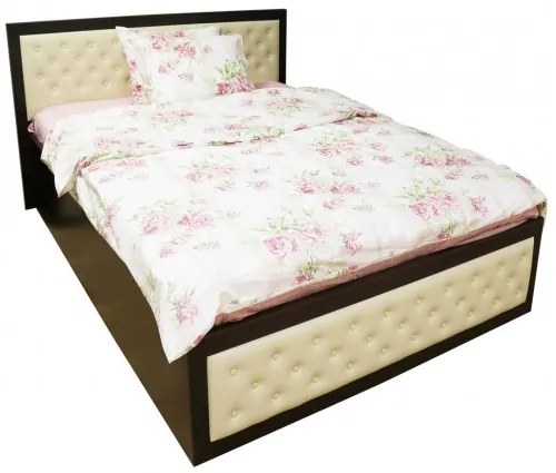 Pat Torino 140x200 cm cu somiera metalica rabatabila si lada, Wenge / Piele ecologica bej