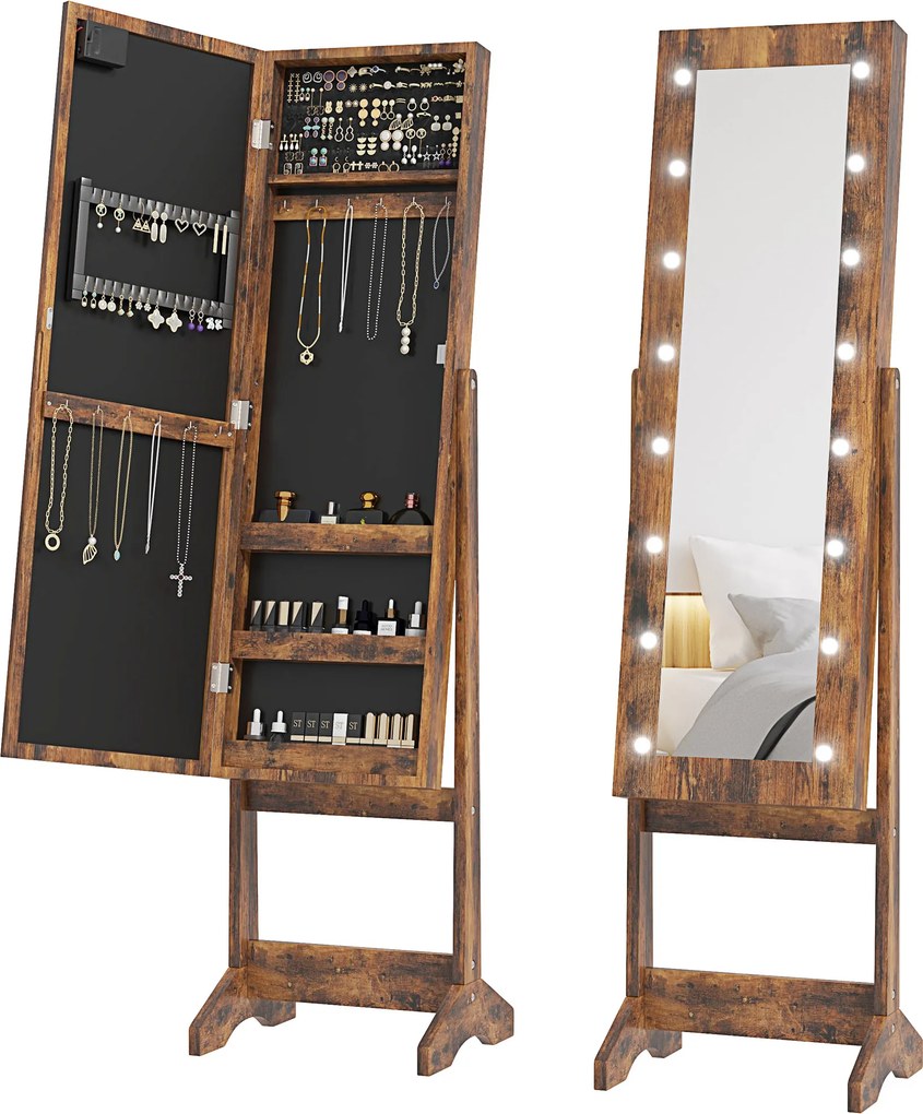 HOMCOM Dulap pentru Bijuterii cu Oglindă Reglabilă și Lumini LED 36x30x136 cm Maro Rustic | Aosom Romania