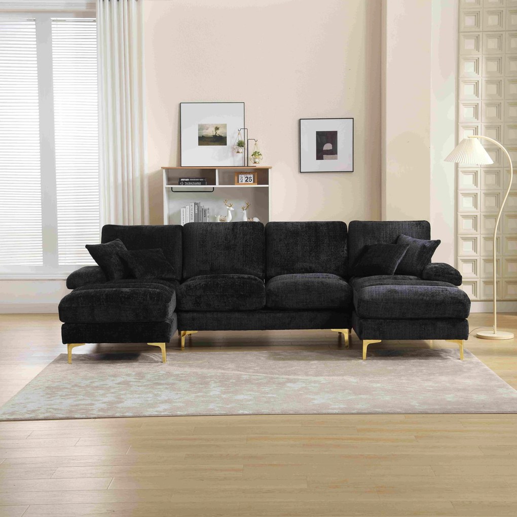 Canapea modulară mare, modernă, în formă de U, din chenille, cu dublu șezlong rabatabil, Negru