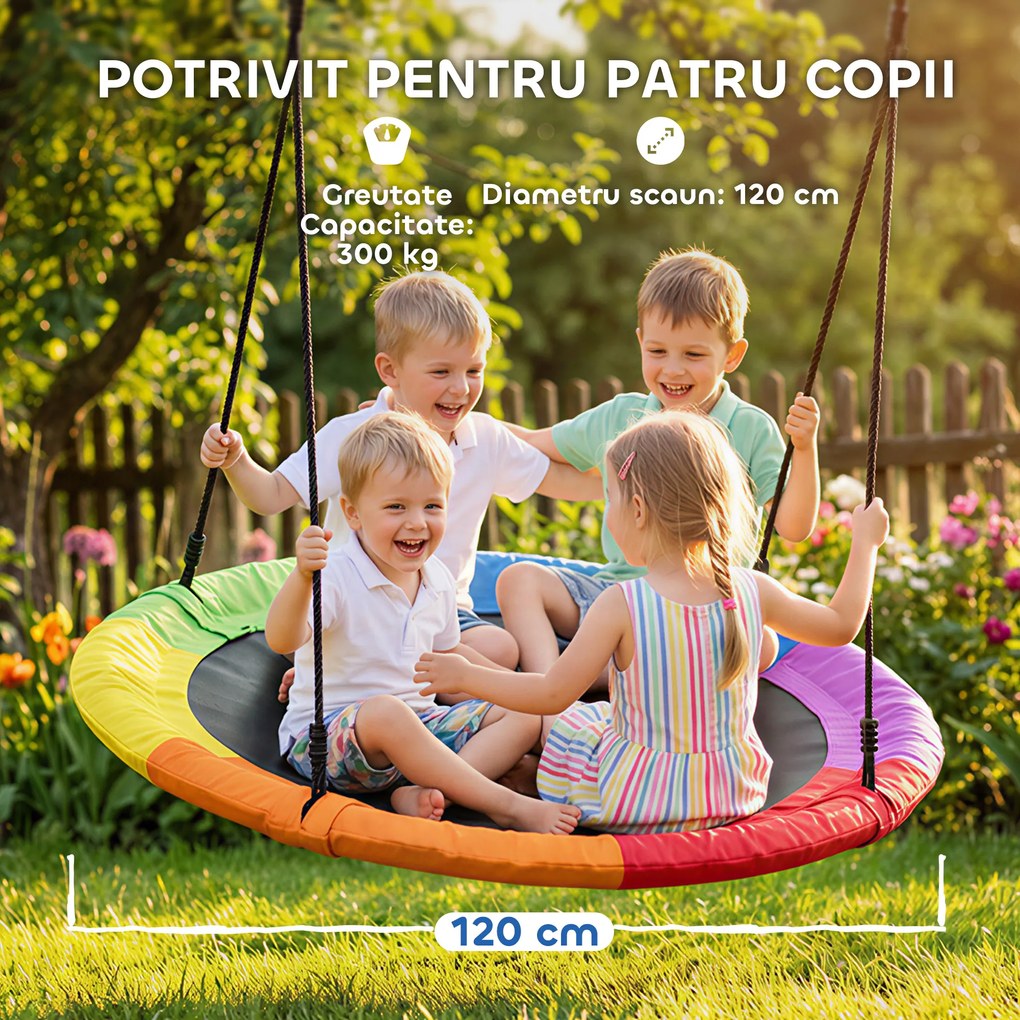 AIYAPLAY Leagăn de Copac, Leagăn Tip Cuib pentru Copii Ø120 cm cu Frânghii Reglabile și Curele, Joacă în Aer Liber pentru Copii 3-8 Ani, Capacitate 300 kg, Multicolor | Aosom Romania