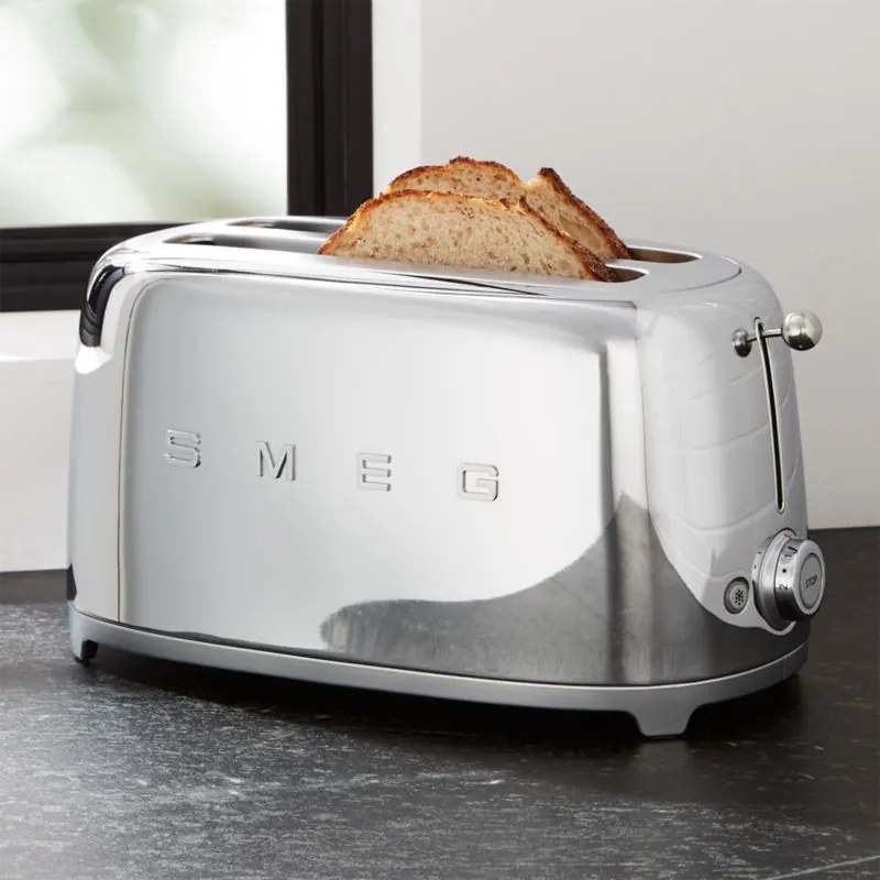Prajitor de paine SMEG 50's Style TSF03SSEU, 2000 W, 4 felii, 6 niveluri, Tava firimituri, Cablu integrat, Otel inoxidabil, Argintiu