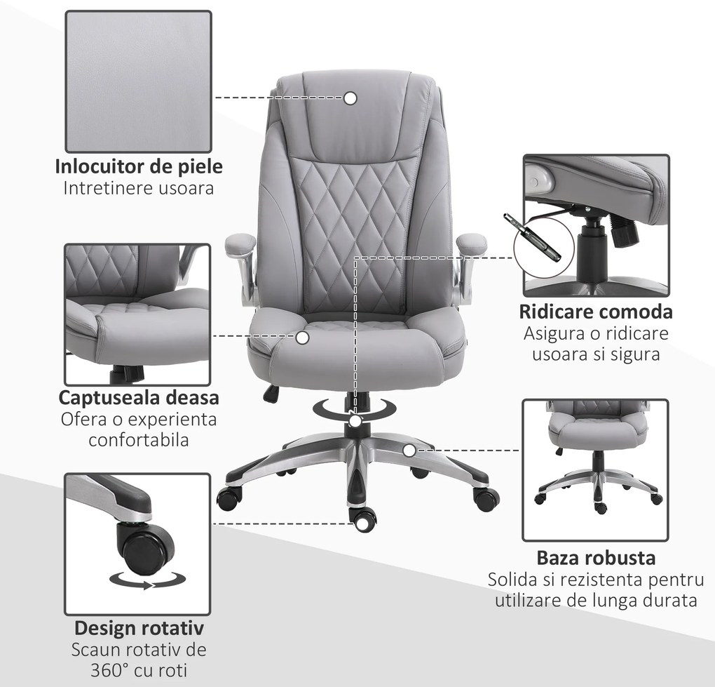 Vinsetto Scaun de Birou Ergonomic cu Căptușeală, Înălțime Reglabilă și 5 Roți Pivotante, 69,5x76x113-121 cm, Gri | Aosom Romania