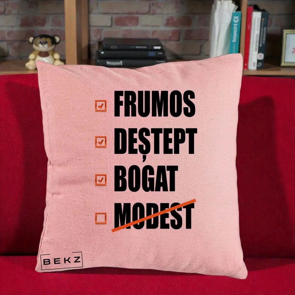 Perna Decorativa Frumos Destept Bogat, 40x40 cm, Roz, Husa Detasabila, Perna Inclusa, BEKZ®