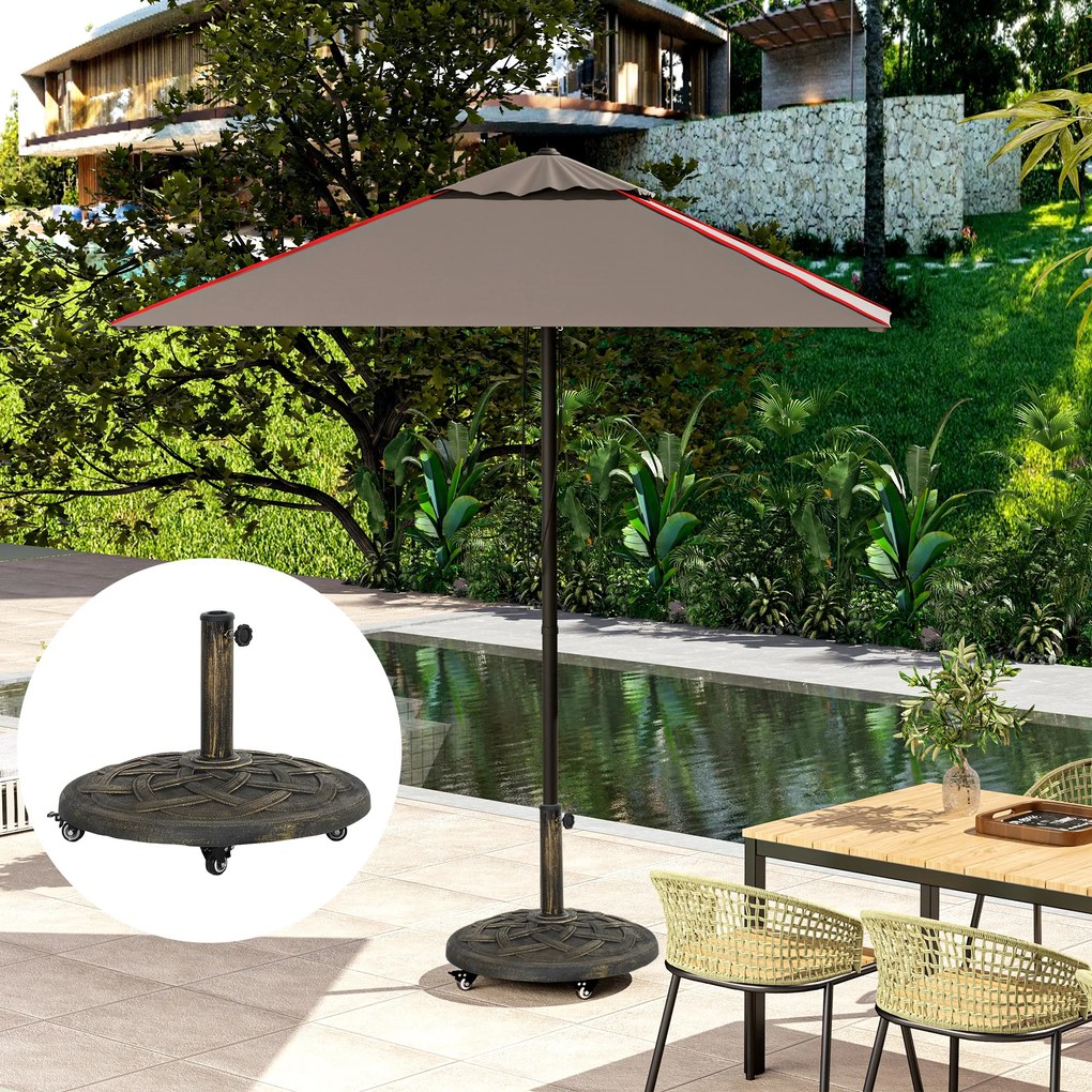 Outsunny Bază Rotundă pentru Umbrelă cu Roți, Bază Ponderată de 20 kg din Rășină, Suport pentru Umbrele de 3,3 cm/3,8 cm/4,8 cm pentru Exterior, Grădină, Piscină, Bronz | Aosom Romania