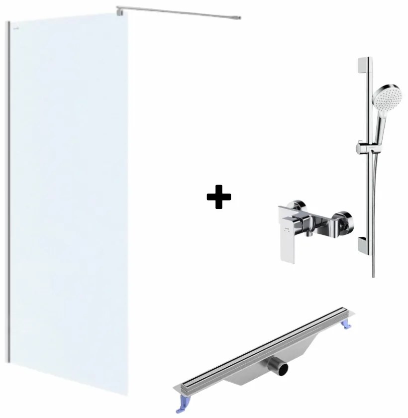 Set paravan dus walk-in 90x200 cm, Mediterraneo Foxy, rigola iesire laterala, 700 mm, baterie dus Cersanit Suaro si set de dus Hansgrohe