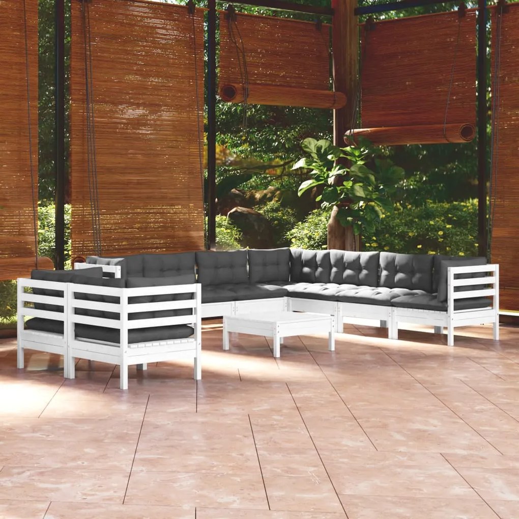 vidaXL Set mobilier grădină cu perne, 10 piese, alb, lemn masiv pin