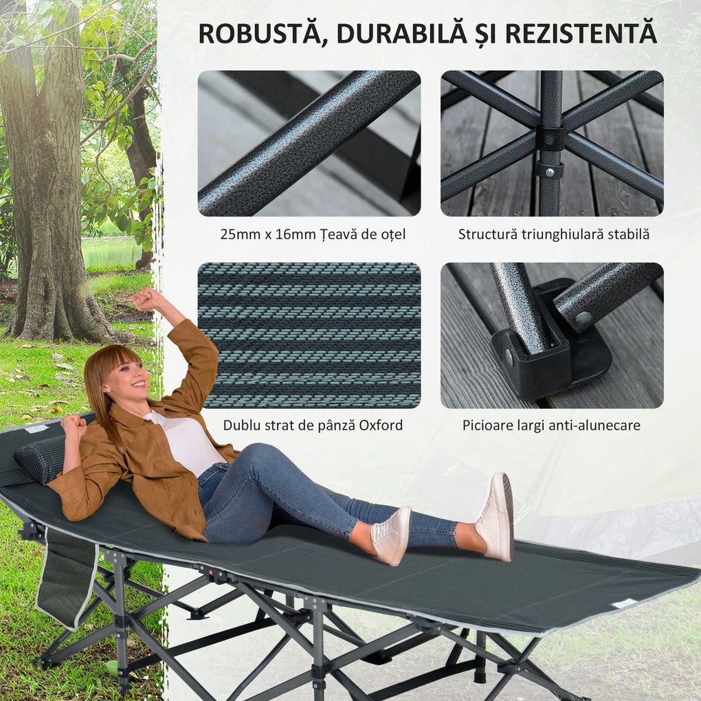 Outsunny Pat Pliabil cu Buzunare de Depozitare si Geanta pentru Transport, Pat de Camping Capitonat si Inaltat, 188x64.5x53 cm, Gri | Aosom Romania