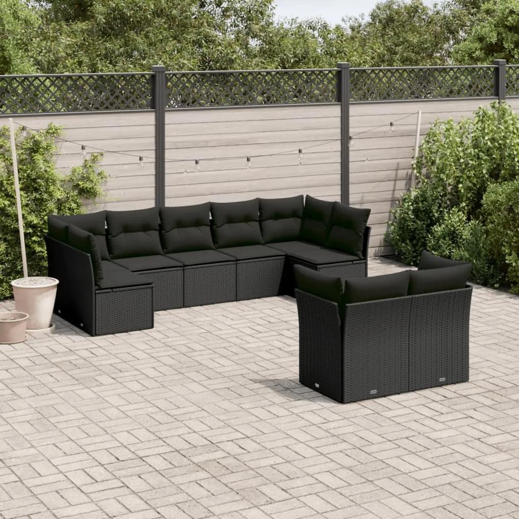 3218145 vidaXL Set mobilier de grădină cu perne, 9 piese, negru, poliratan