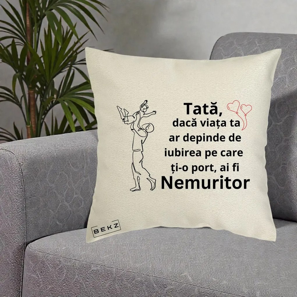 Cadou pentru Tata - Perna Personalizata Tata Nemuritor Joaca in Aer, 40x40 cm, Ecru, Husa Detasabila, Perna Inclusa, BEKZ®