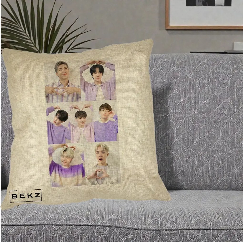 Perna Personalizata K-pop BTS Colaj 7 Portrete cu Inimi Lila, 40x40 cm, Crem, Husa Detasabila, Perna Inclusa, BEKZ®