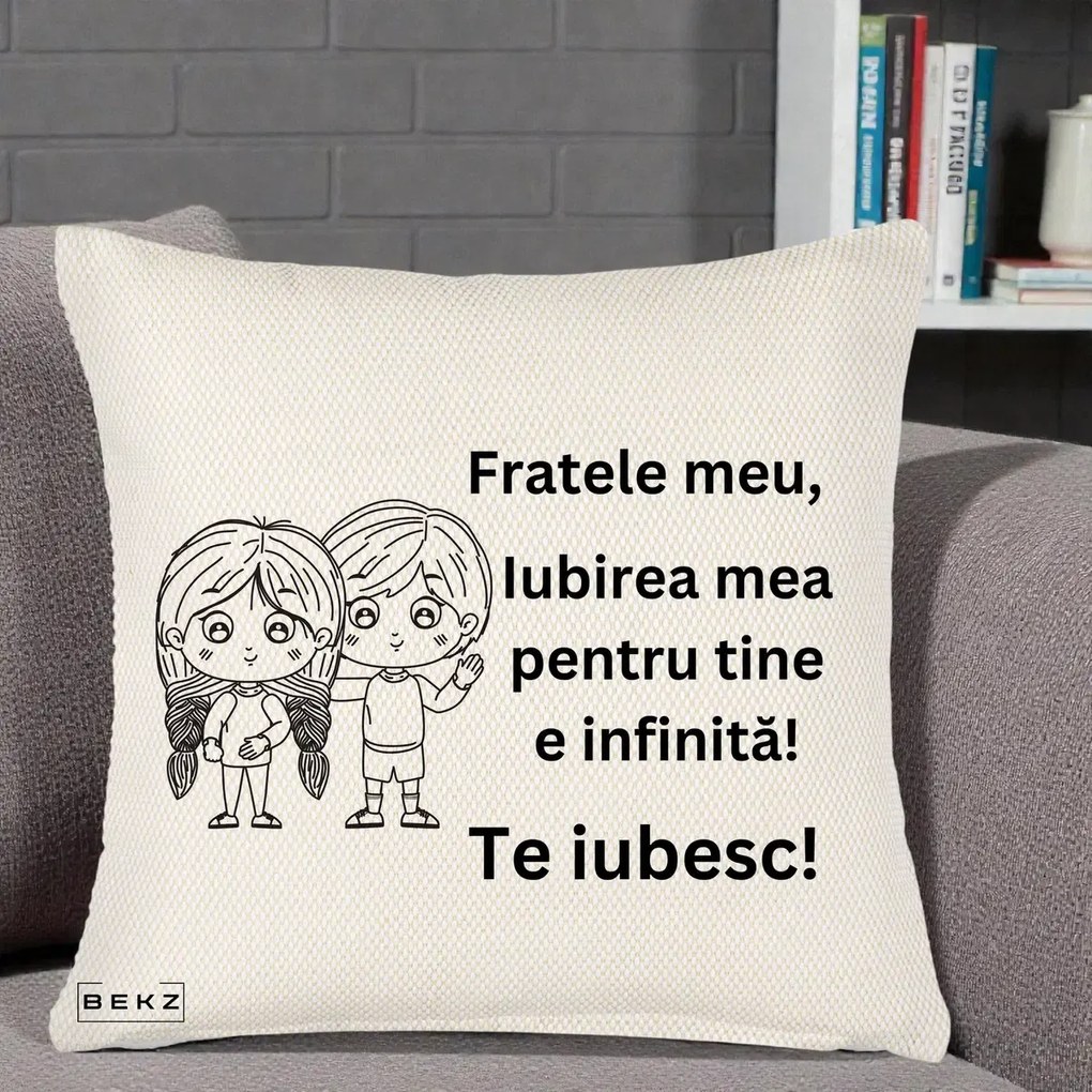 Cadou pentru Frate - Perna Personalizata Fratele Meu Te Iubesc Copii Anime Line Art Negru, 40x40 cm, Crem Reliefat, Husa Detasabila, Perna Inclusa, BEKZ®