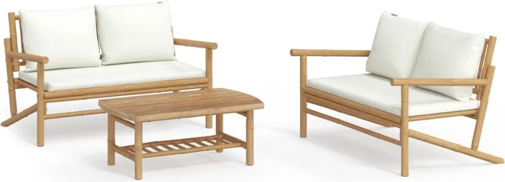 vidaXL Set mobilier de grădină, cu perne alb crem, 3 piese, bambus