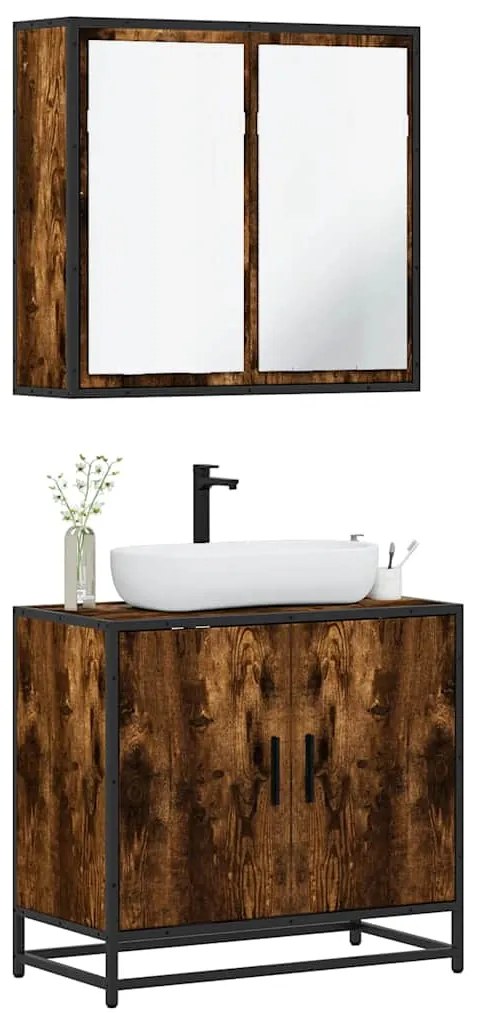 vidaXL Set mobilier de baie, 2 piese, stejar fumuriu, lemn prelucrat