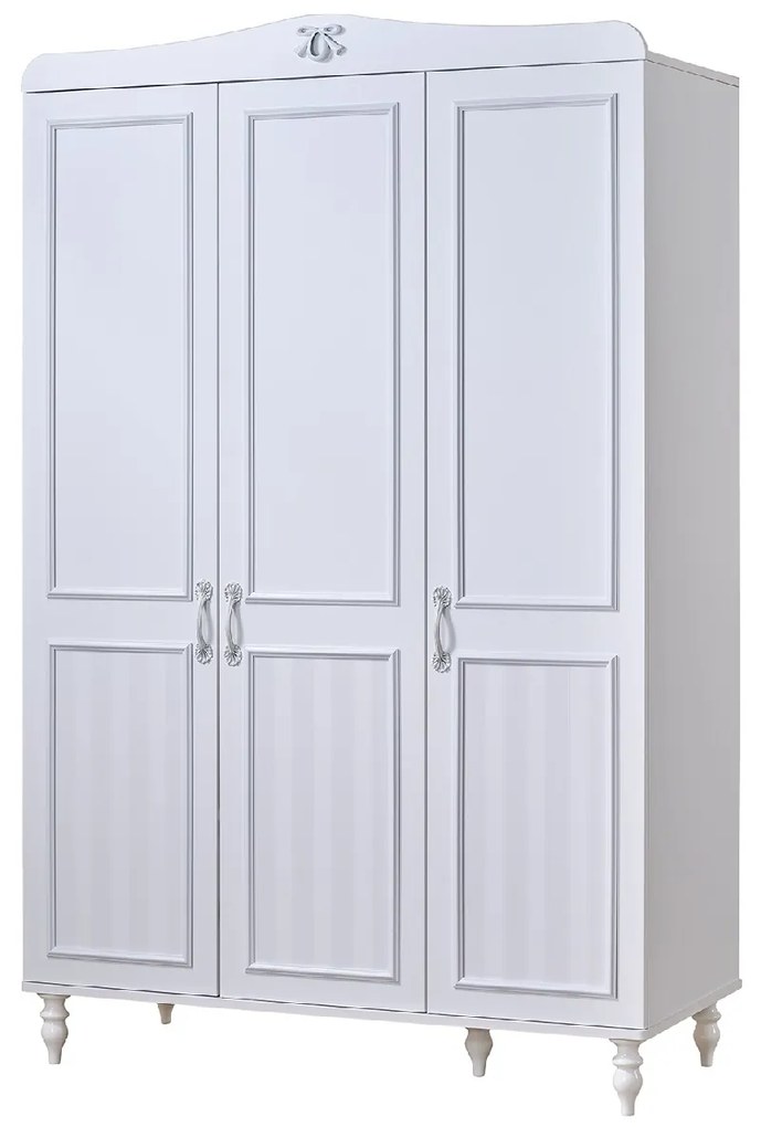 Dulap 3 Usi Juliette Alb, Stil Clasic, cu Rafturi si Bara pentru Umerase, 133x60x209 cm