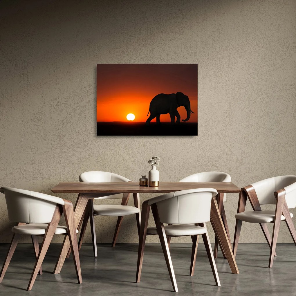 Tablou pe sticlă cu elefant în apus de soare (70x50 cm)